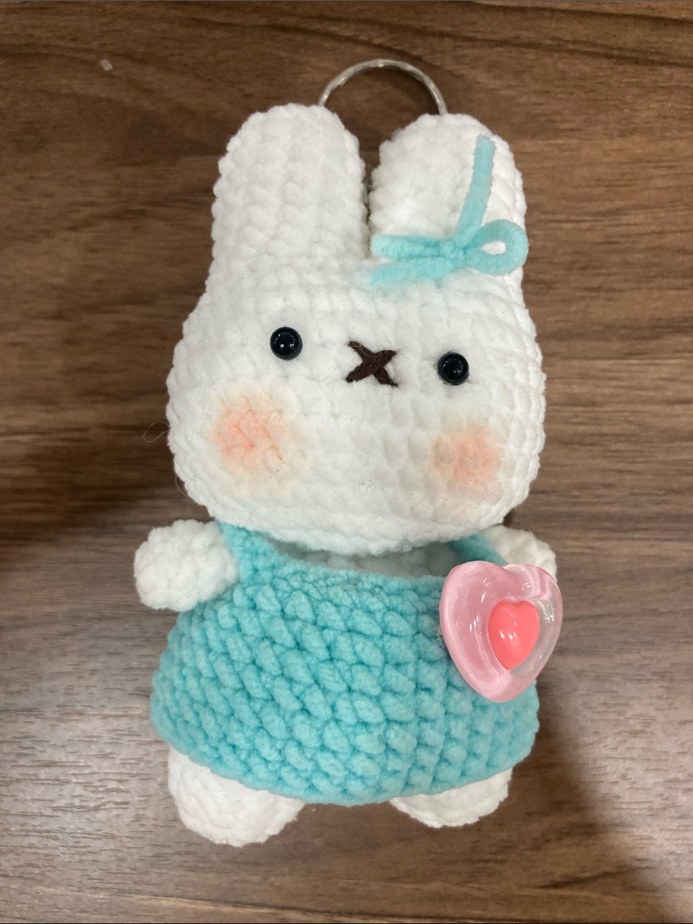 Plush Bunny Keychain in White and Aqua with Heart Charm